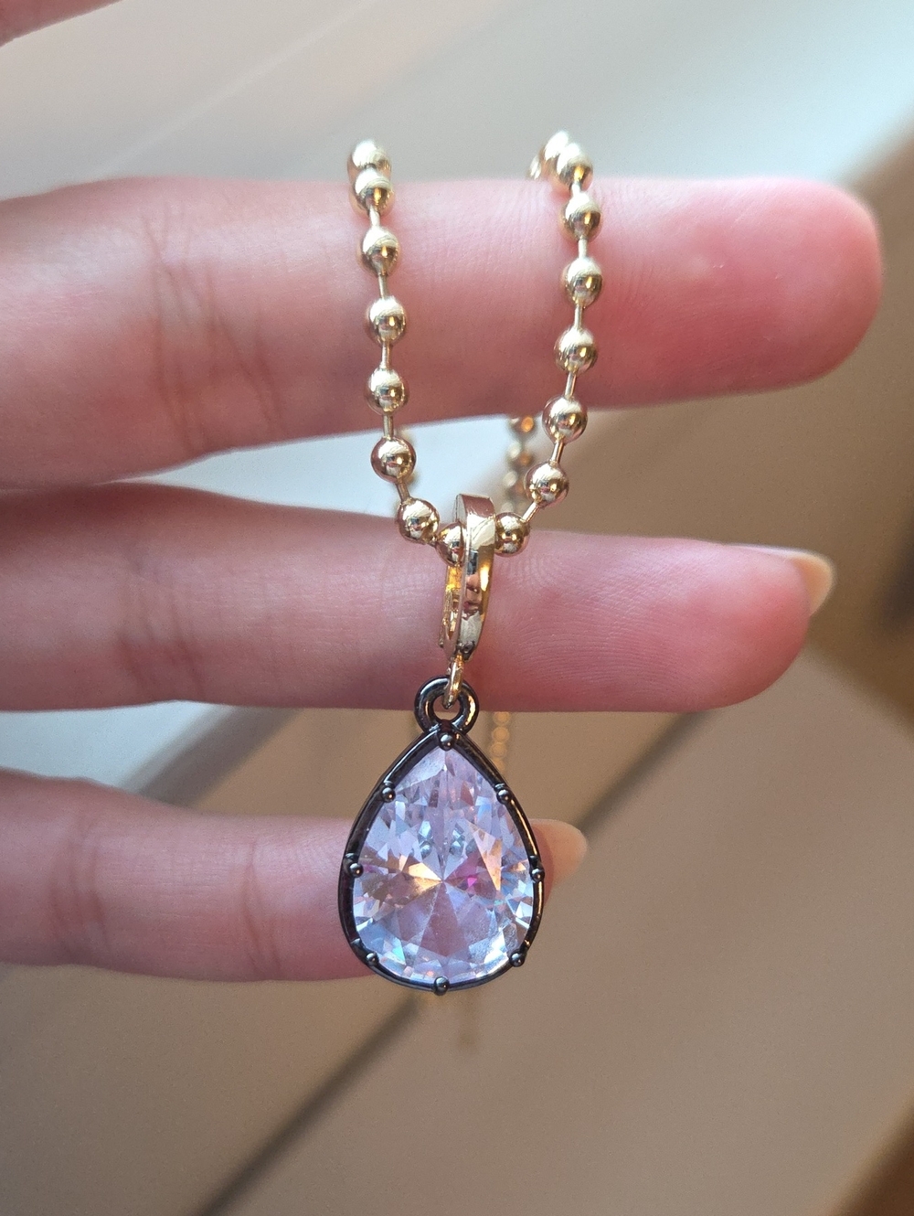 Stunning Gold Ball Chain Necklace with Pear-Cut Crystal Georgian Pendant